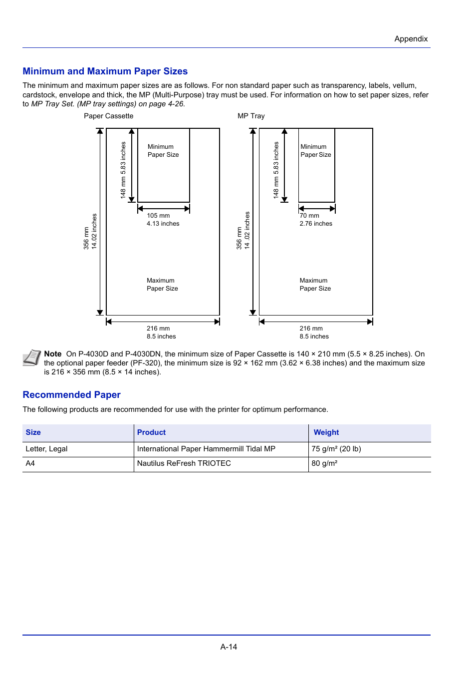 Minimum and maximum paper sizes, Recommended paper | TA Triumph-Adler P-4030D User Manual | Page 286 / 312
