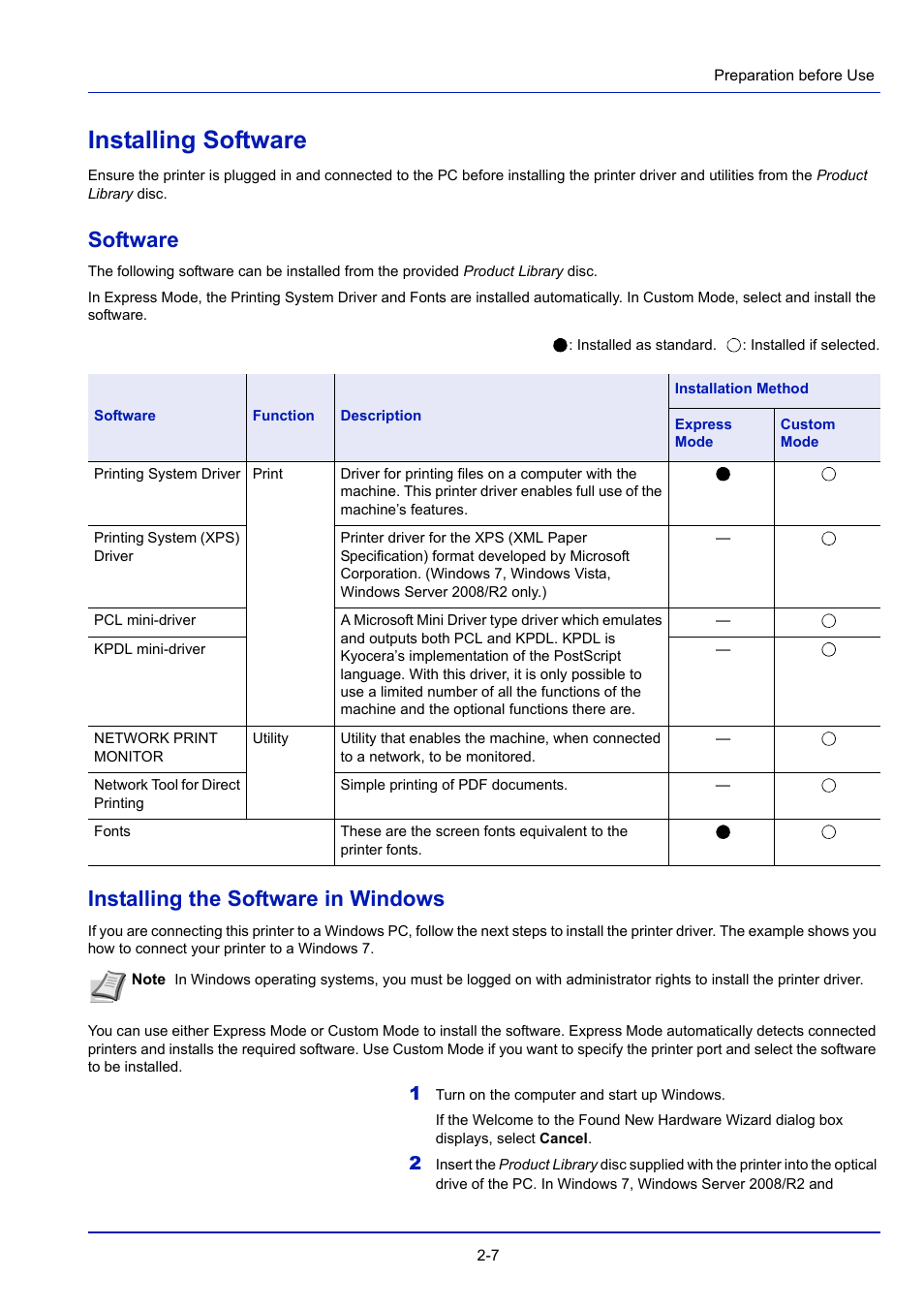 Installing software, Software, Installing the software in windows | Installing software -7 | TA Triumph-Adler P-4030D User Manual | Page 29 / 312