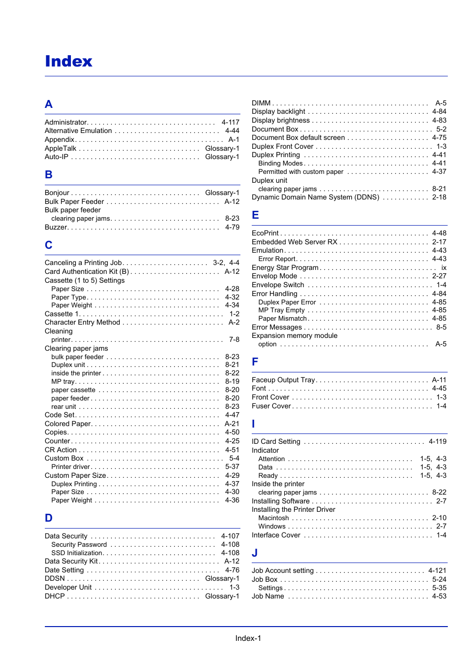 Index | TA Triumph-Adler P-4030D User Manual | Page 307 / 312