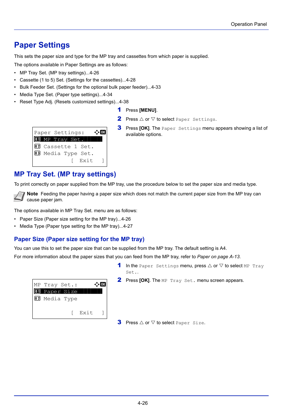 Paper settings, Mp tray set. (mp tray settings), Paper settings -26 | Er settings -26 | TA Triumph-Adler P-4030D User Manual | Page 86 / 312