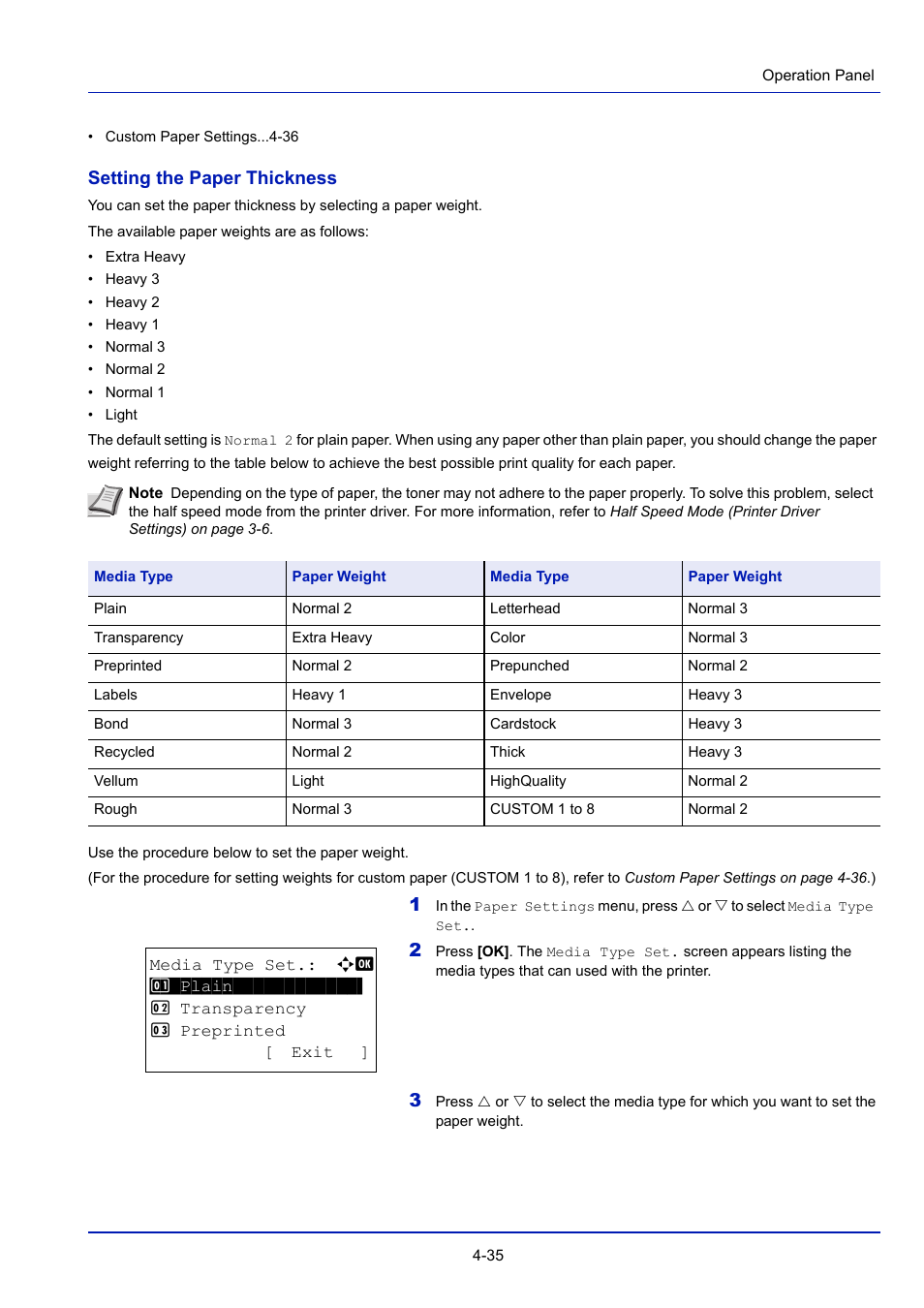 Setting the paper thickness -35, Setting the paper thickness | TA Triumph-Adler P-4030D User Manual | Page 95 / 312