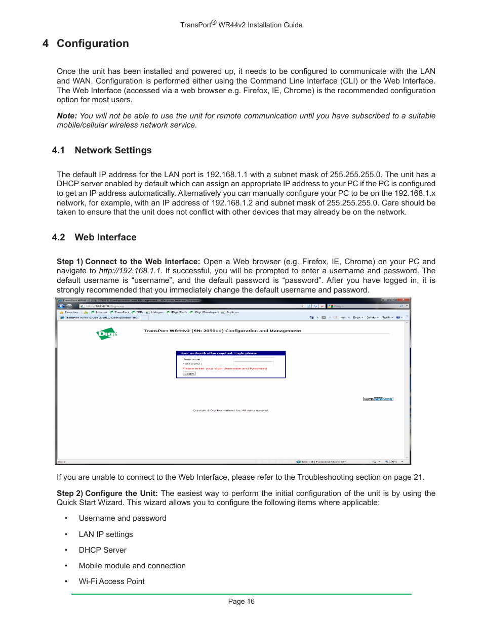 4 configuration, 1 network settings, 2 web interface | 1 network settings 4.2 web interface | Digi W R 4 4 V 2 User Manual | Page 16 / 27