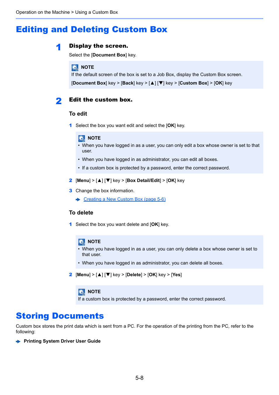Editing and deleting custom box, Storing documents | TA Triumph-Adler P-C3560DN User Manual | Page 116 / 257