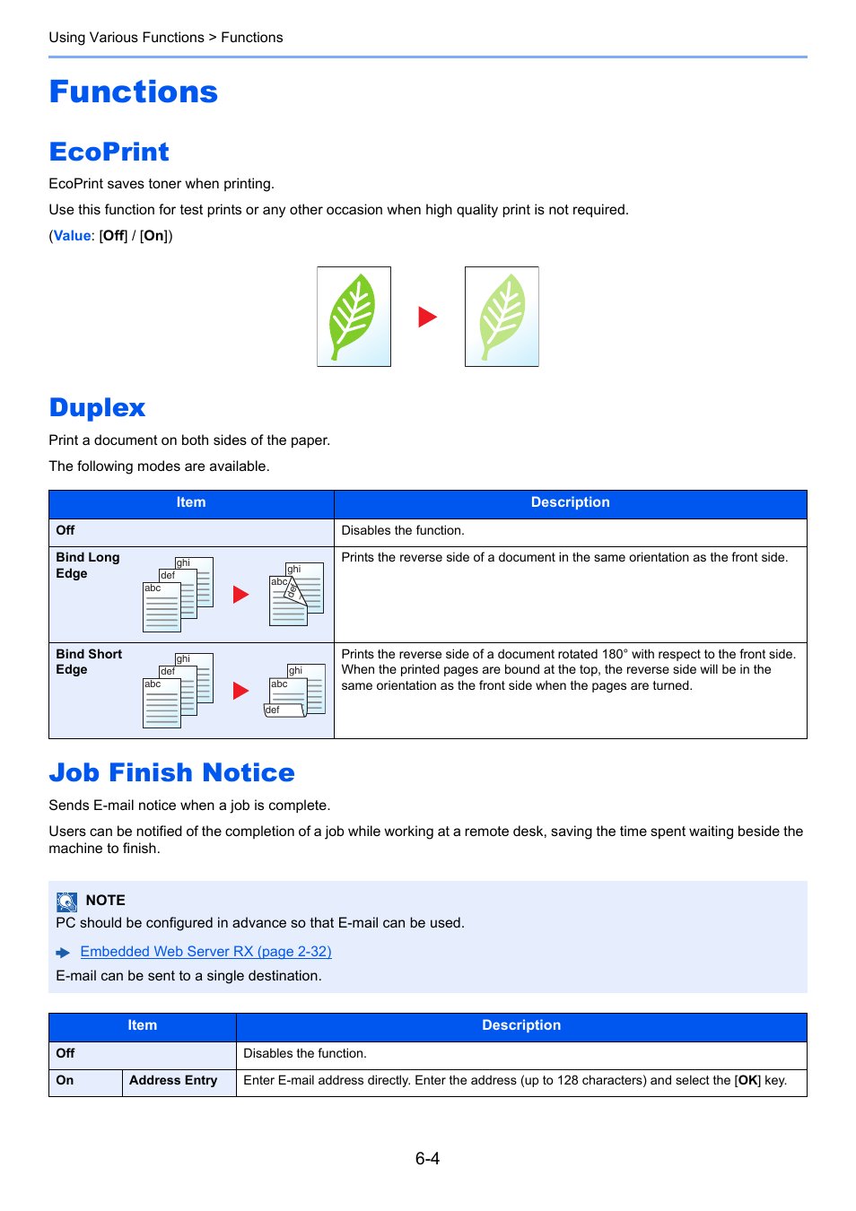 Functions, Ecoprint, Duplex | Job finish notice, Functions -4, Ecoprint -4 duplex -4 job finish notice -4, Print a document on both sides of the paper, Ecoprint saves toner when printing, Sends e-mail notice when a job is complete | TA Triumph-Adler P-C3560DN User Manual | Page 126 / 257