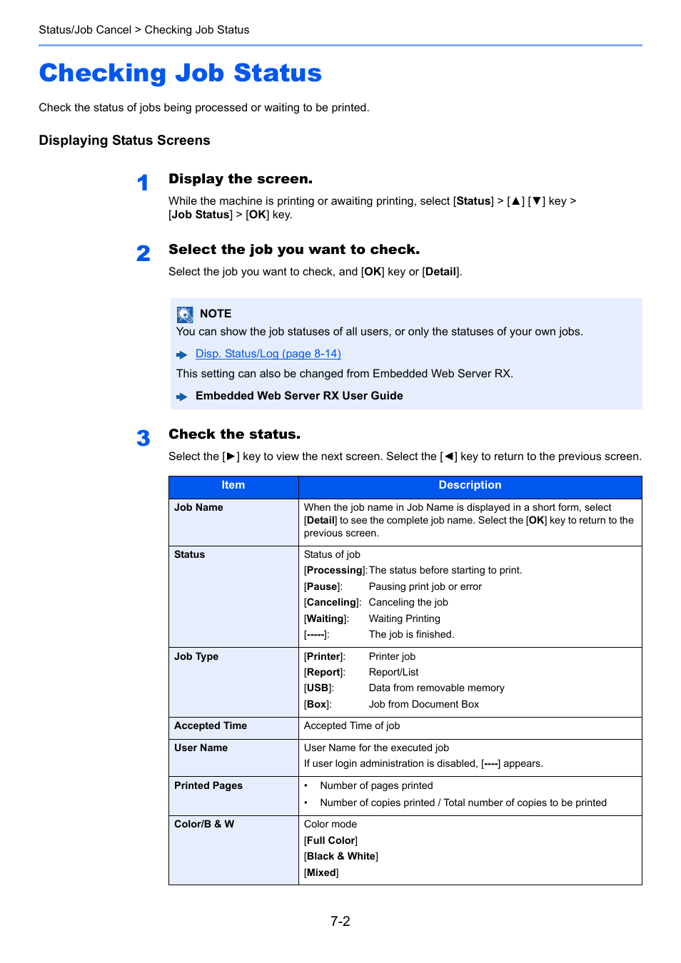 Checking job status, Checking job status -2 | TA Triumph-Adler P-C3560DN User Manual | Page 130 / 257