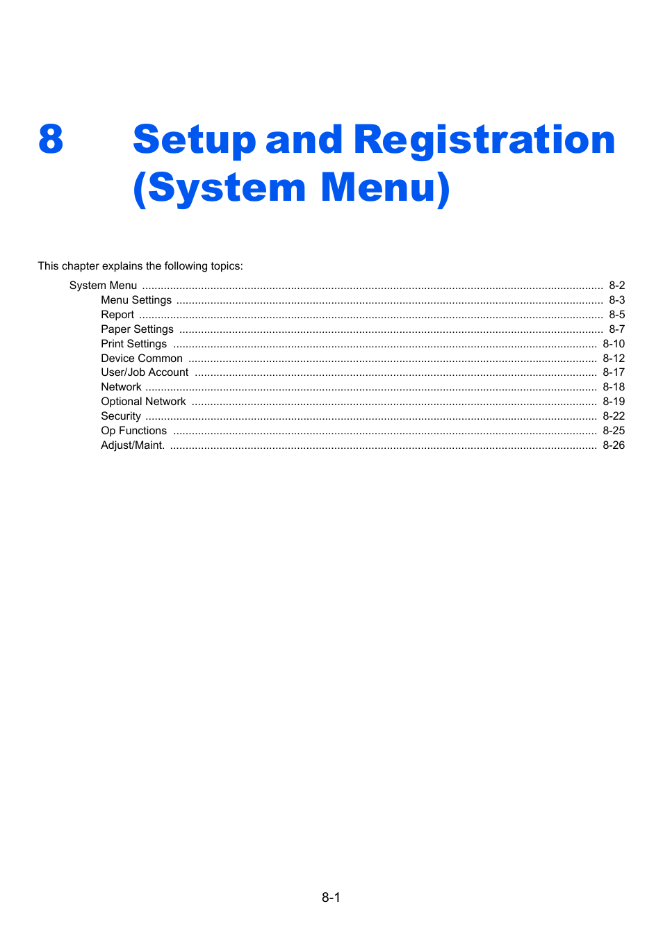 8 setup and registration (system menu), Setup and registration (system menu) -1, Setup and registration (system menu) | 8setup and registration (system menu) | TA Triumph-Adler P-C3560DN User Manual | Page 135 / 257