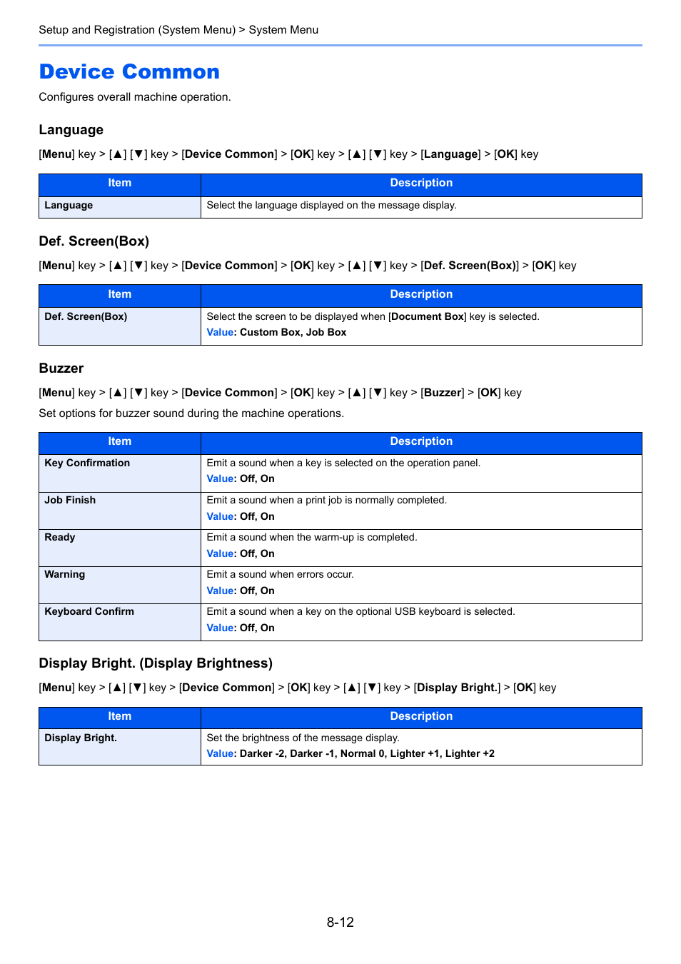 Device common, Device common -12, Ready | Language, Def. screen(box), Buzzer, Display bright, Set the brightness of the message display, Display bright. (display brightness) | TA Triumph-Adler P-C3560DN User Manual | Page 146 / 257