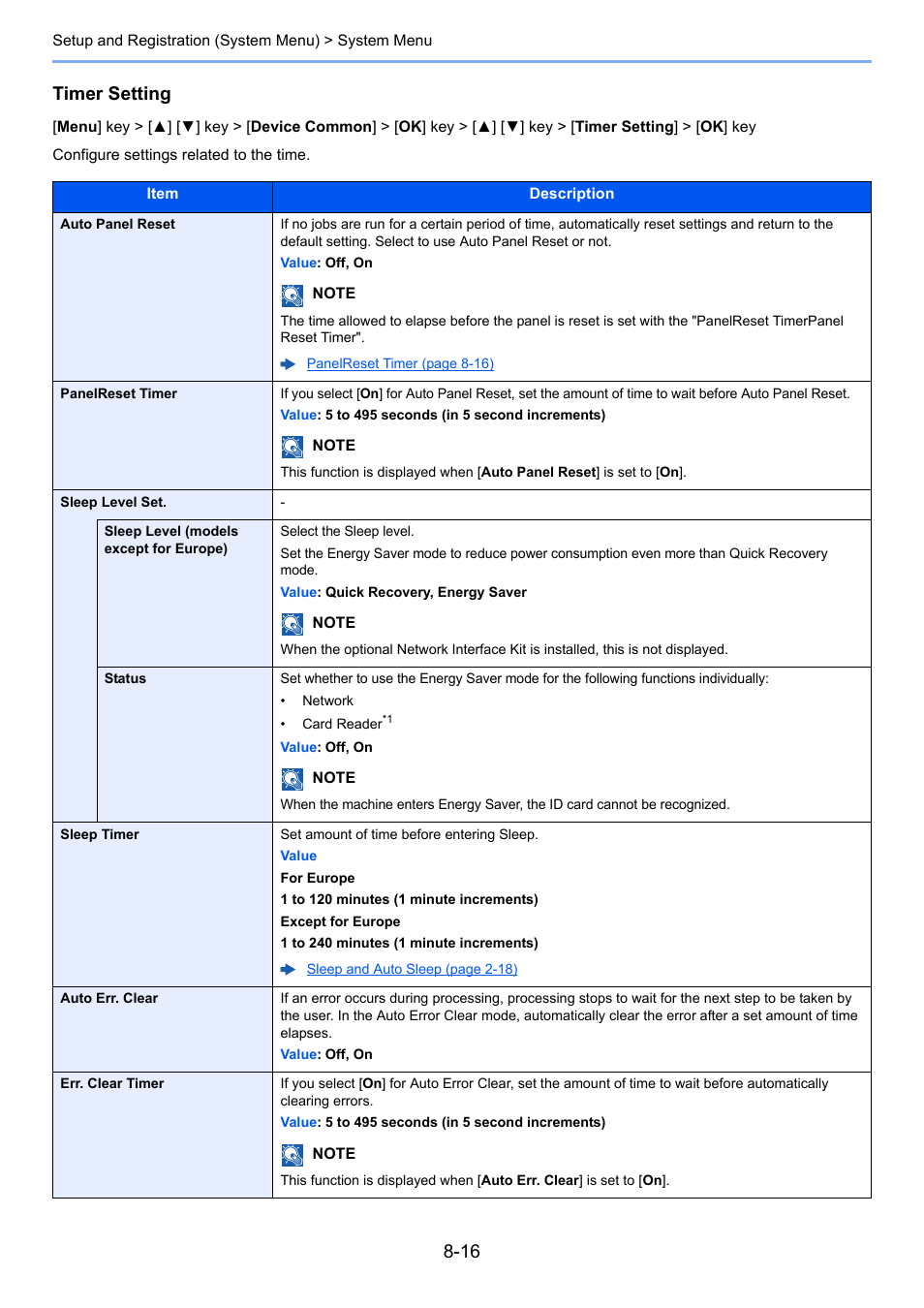 Clear, Timer setting, Configure settings related to the time | TA Triumph-Adler P-C3560DN User Manual | Page 150 / 257