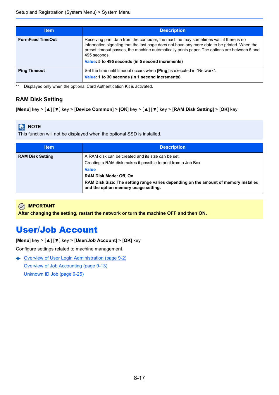 User/job account, User/job account -17, Ram disk setting | A ram disk can be created and its size can be set | TA Triumph-Adler P-C3560DN User Manual | Page 151 / 257
