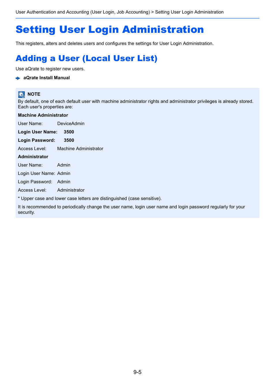 Setting user login administration, Adding a user (local user list), Setting user login administration -5 | Adding a user (local user list) -5 | TA Triumph-Adler P-C3560DN User Manual | Page 165 / 257
