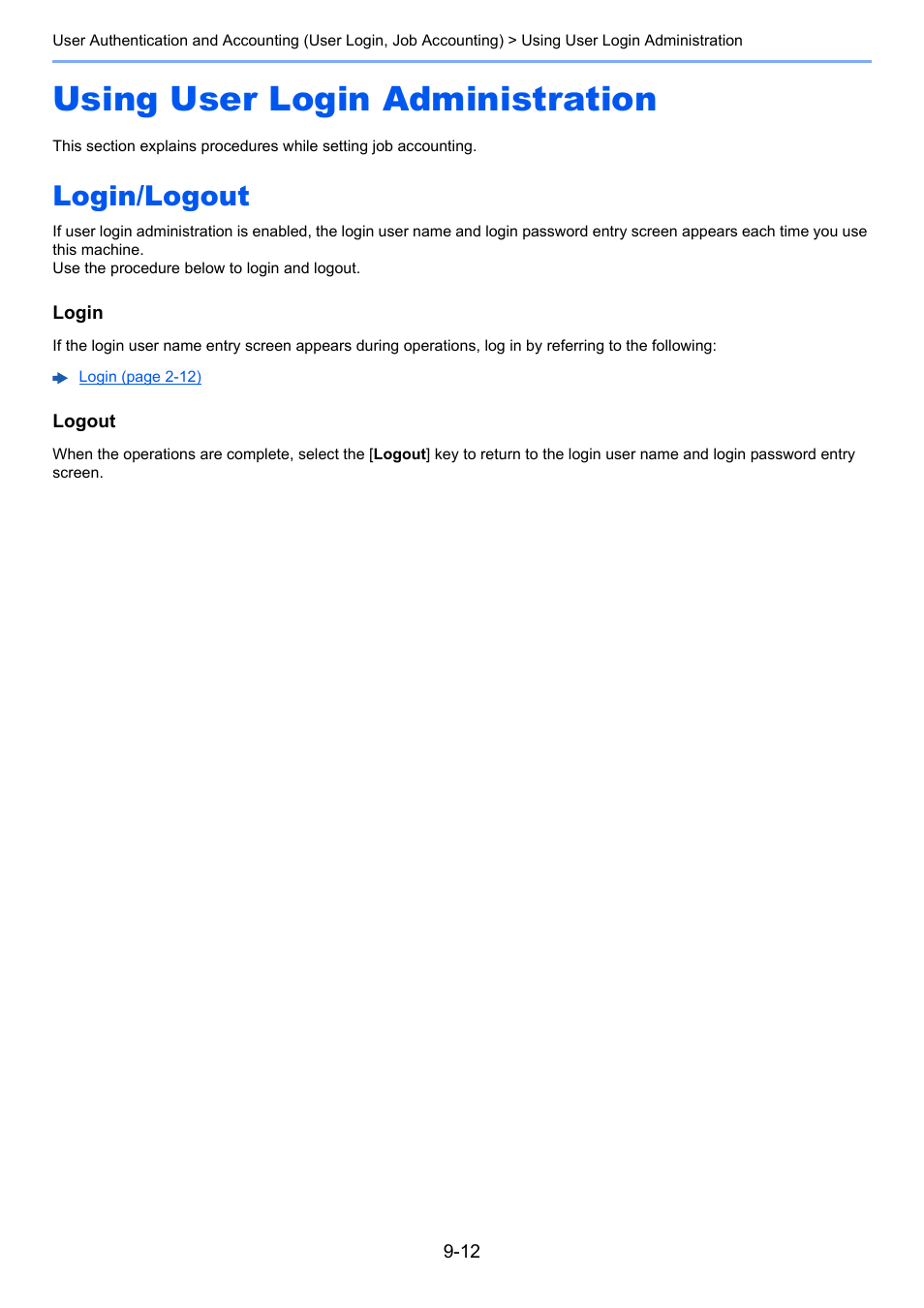 Using user login administration, Login/logout, Using user login administration -12 | Login/logout -12 | TA Triumph-Adler P-C3560DN User Manual | Page 172 / 257