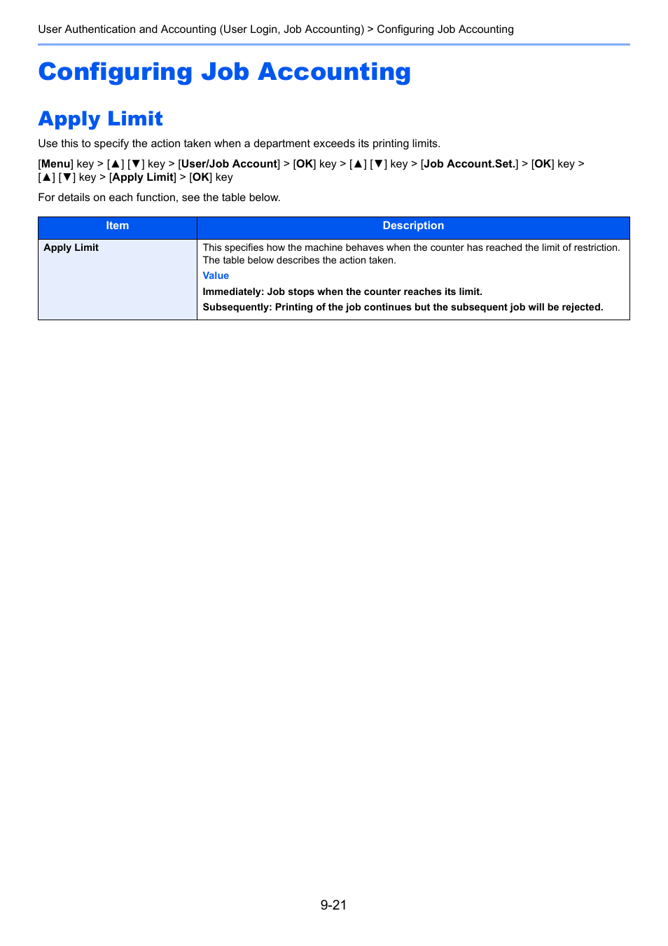 Configuring job accounting, Apply limit, Configuring job accounting -21 | Apply limit -21 | TA Triumph-Adler P-C3560DN User Manual | Page 181 / 257