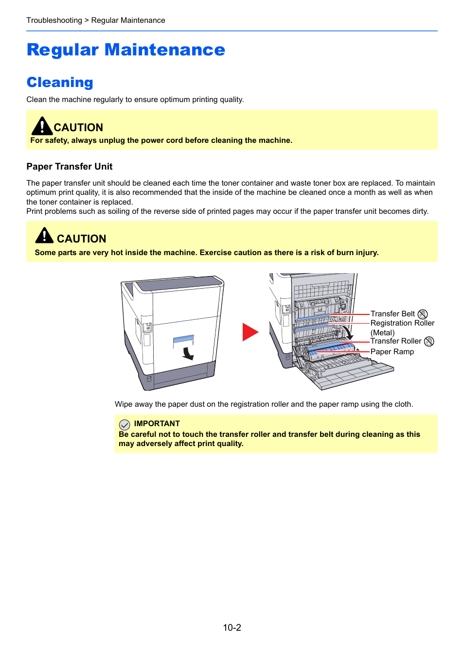 Regular maintenance, Cleaning, Regular maintenance -2 | Cleaning -2, Caution | TA Triumph-Adler P-C3560DN User Manual | Page 187 / 257