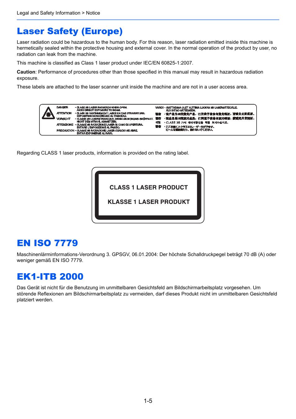 Laser safety (europe), En iso 7779, Ek1-itb 2000 | TA Triumph-Adler P-C3560DN User Manual | Page 23 / 257