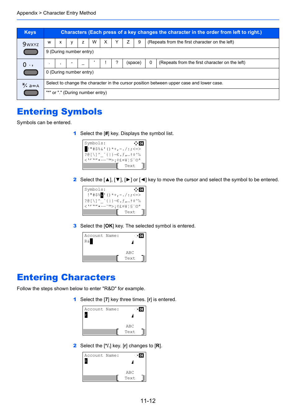 Entering symbols, Entering characters, Entering symbols -12 entering characters -12 | TA Triumph-Adler P-C3560DN User Manual | Page 234 / 257