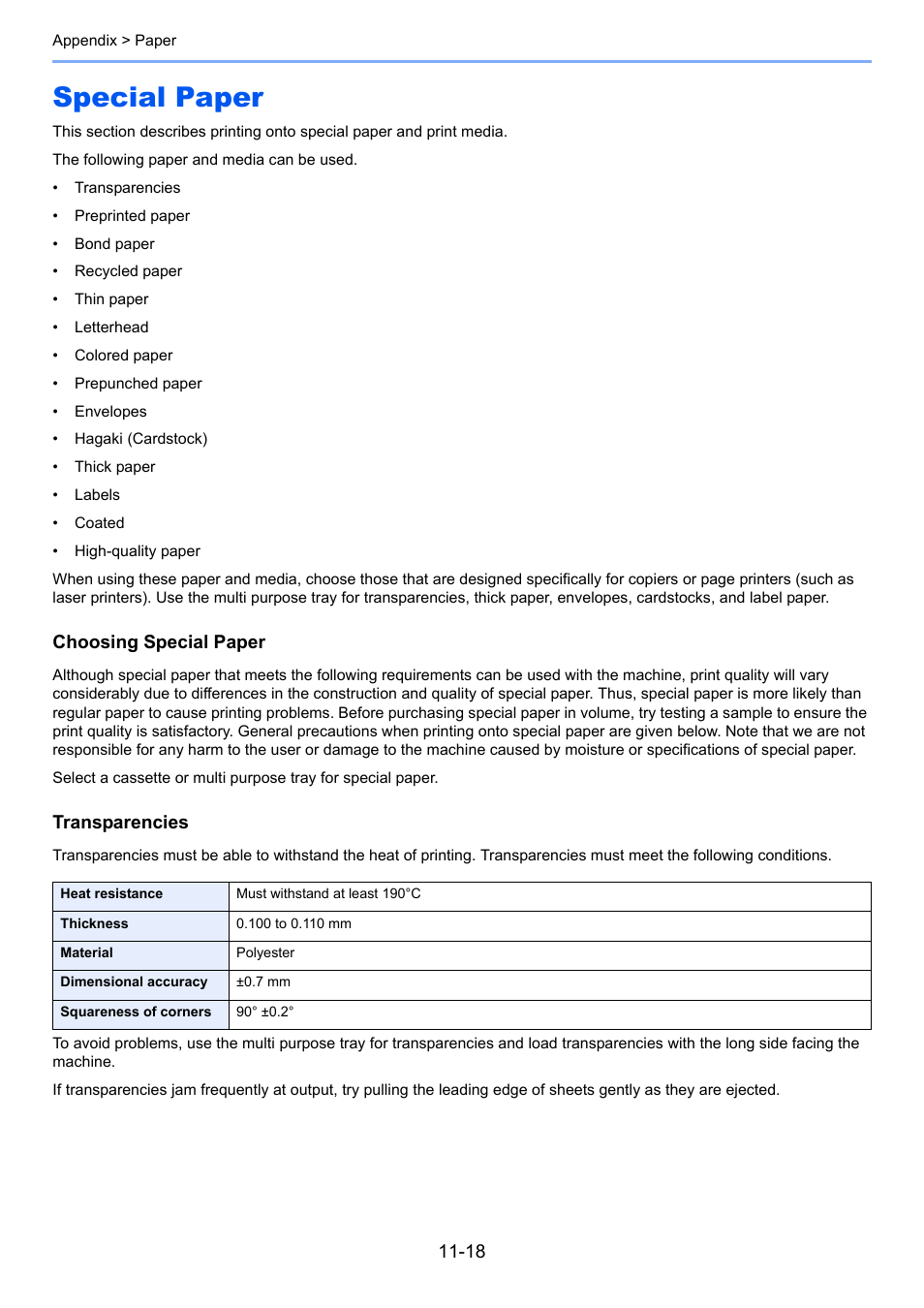 Special paper, Special paper -18, Choosing special paper | Transparencies | TA Triumph-Adler P-C3560DN User Manual | Page 240 / 257