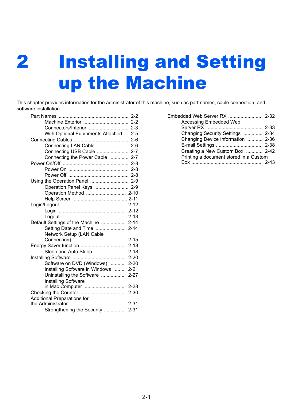 2 installing and setting up the machine, Installing and setting up the machine -1, Installing and setting up the machine | 2installing and setting up the machine | TA Triumph-Adler P-C3560DN User Manual | Page 30 / 257