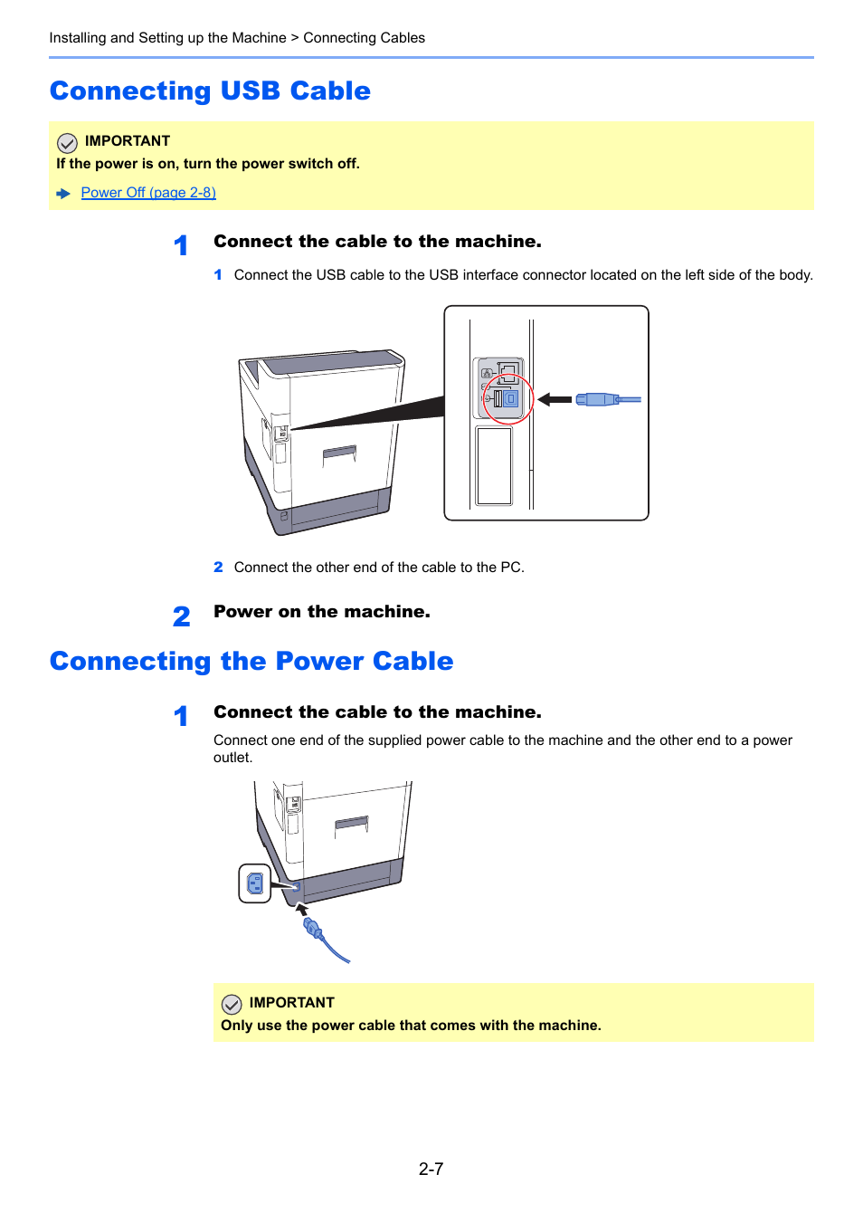 Connecting usb cable, Connecting the power cable | TA Triumph-Adler P-C3560DN User Manual | Page 36 / 257