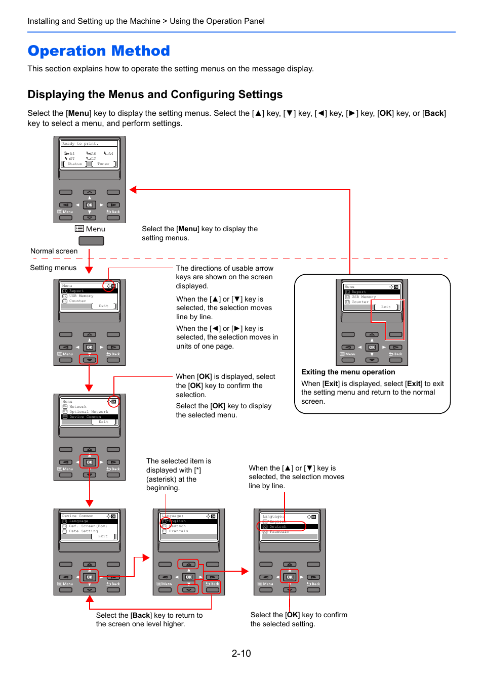 Operation method, Operation method -10, Displaying the menus and configuring settings | TA Triumph-Adler P-C3560DN User Manual | Page 39 / 257