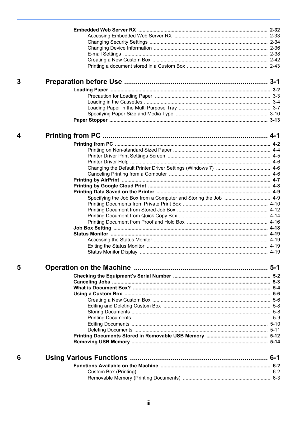3preparation before use -1, 4printing from pc -1, 5operation on the machine -1 | 6using various functions -1 | TA Triumph-Adler P-C3560DN User Manual | Page 4 / 257