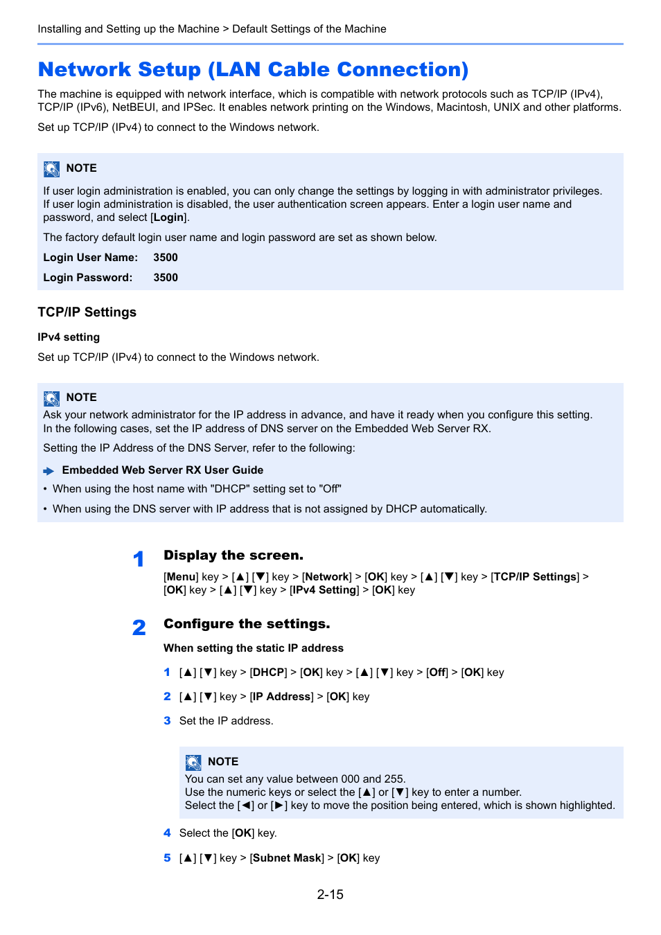 Network setup (lan cable connection), Network setup (lan cable connection) -15, Network setup (lan cable | Connection) -15 | TA Triumph-Adler P-C3560DN User Manual | Page 44 / 257