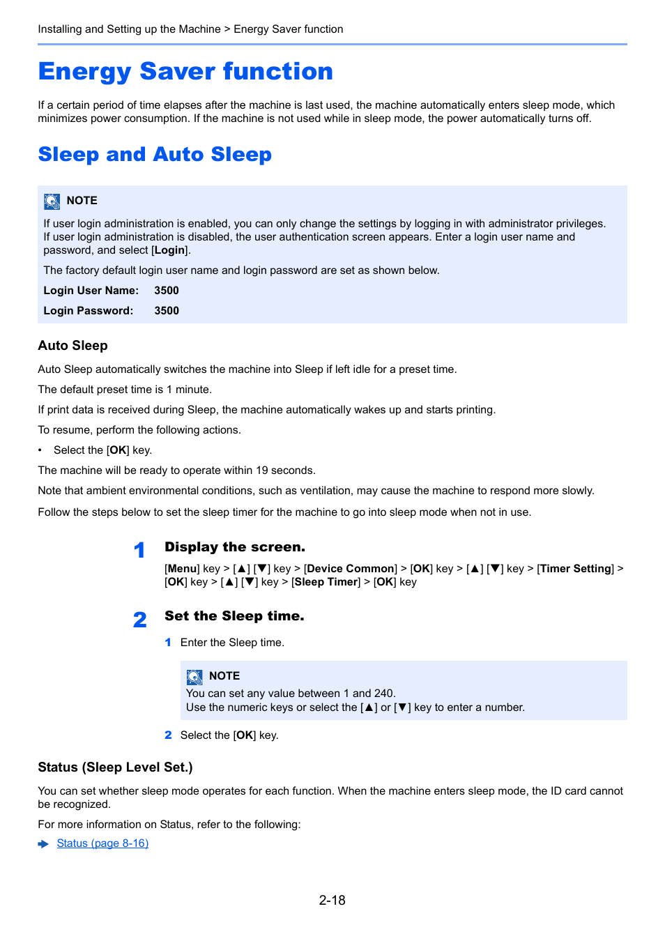 Energy saver function, Sleep and auto sleep, Energy saver function -18 | Sleep and auto sleep -18 | TA Triumph-Adler P-C3560DN User Manual | Page 47 / 257