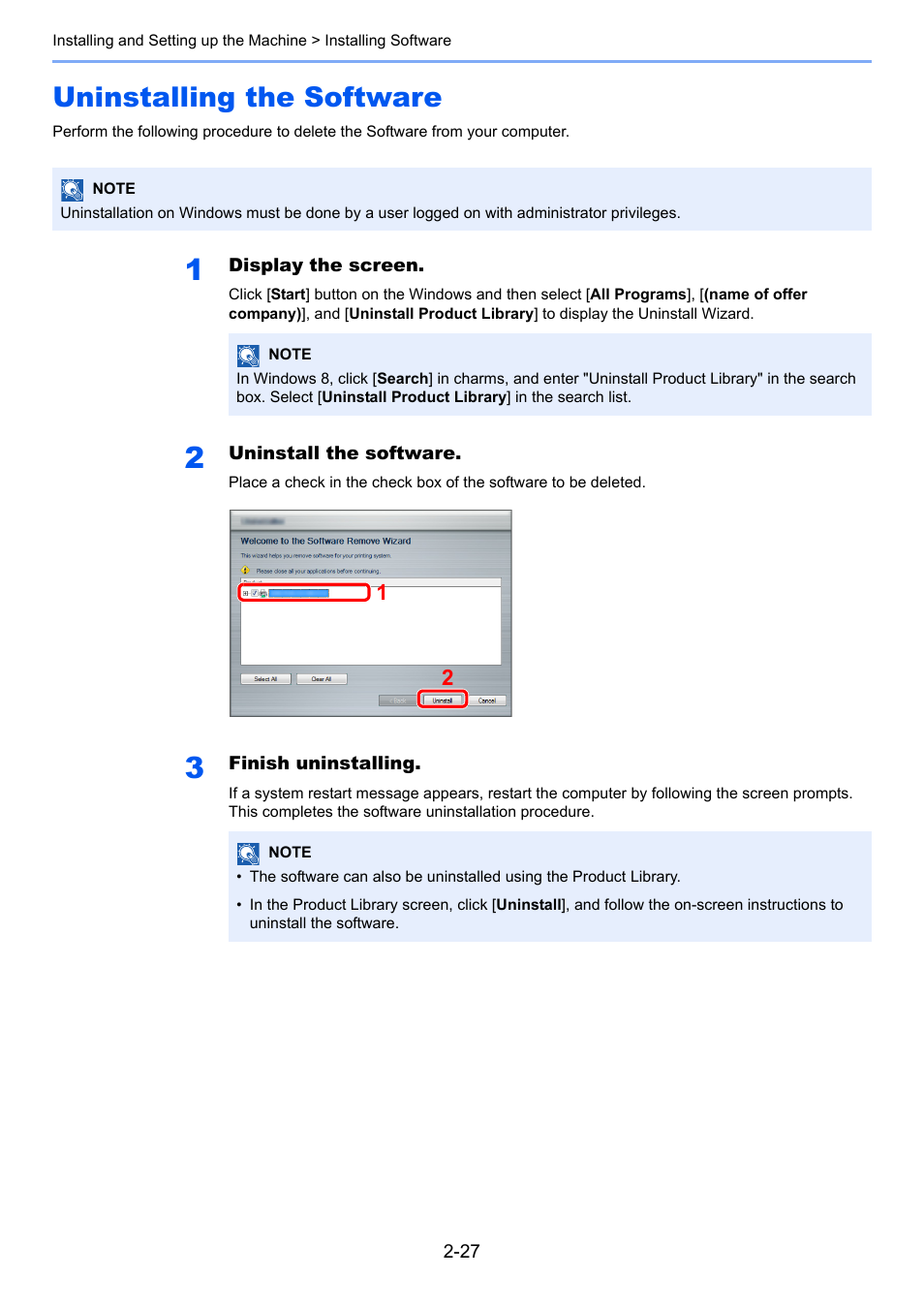 Uninstalling the software, Uninstalling the software -27 | TA Triumph-Adler P-C3560DN User Manual | Page 56 / 257