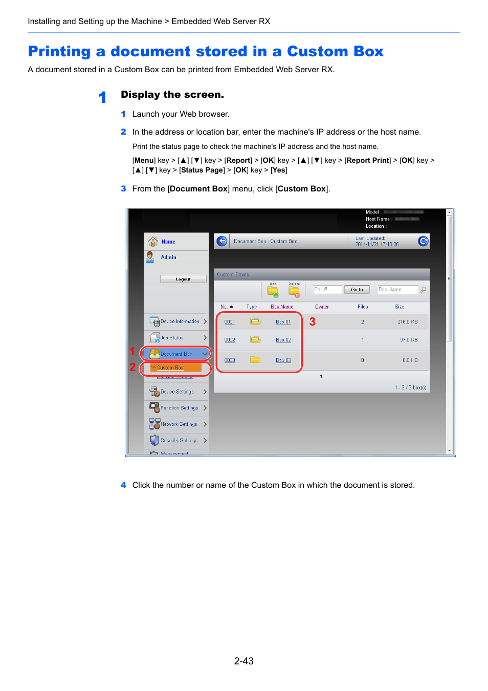 Printing a document stored in a custom box, Printing a document stored in a custom box -43, Printing a document stored in a custom | Box -43 | TA Triumph-Adler P-C3560DN User Manual | Page 72 / 257
