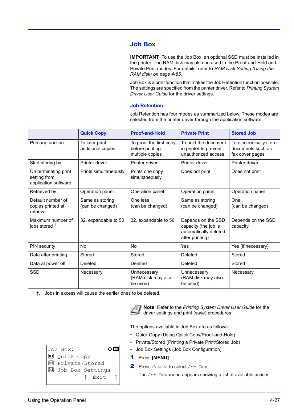 Job box, Job retention, Job box -27 | TA Triumph-Adler P-C3570DN User Manual | Page 100 / 255
