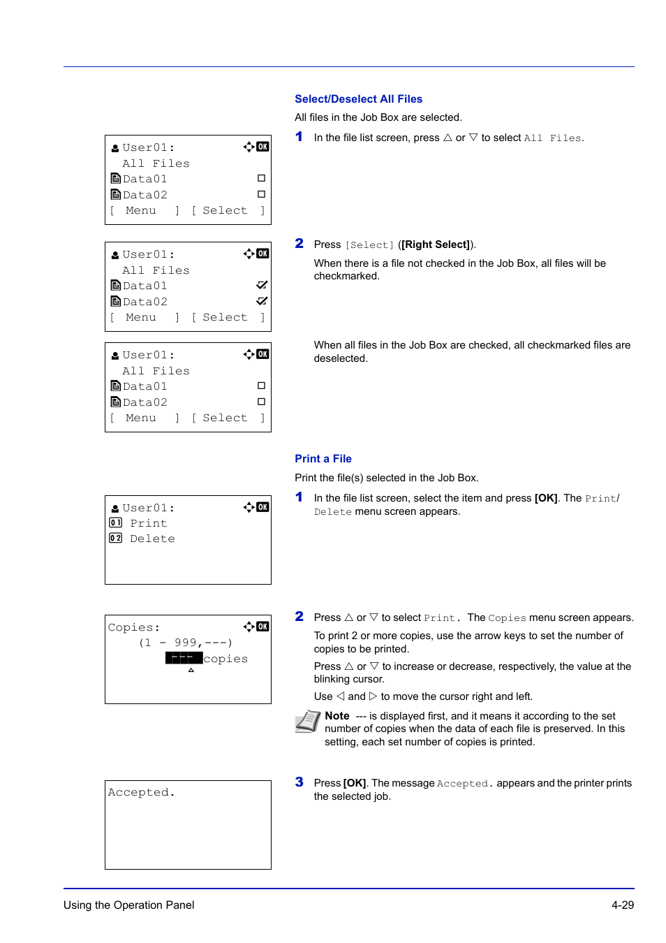 Select/deselect all files, Print a file | TA Triumph-Adler P-C3570DN User Manual | Page 102 / 255