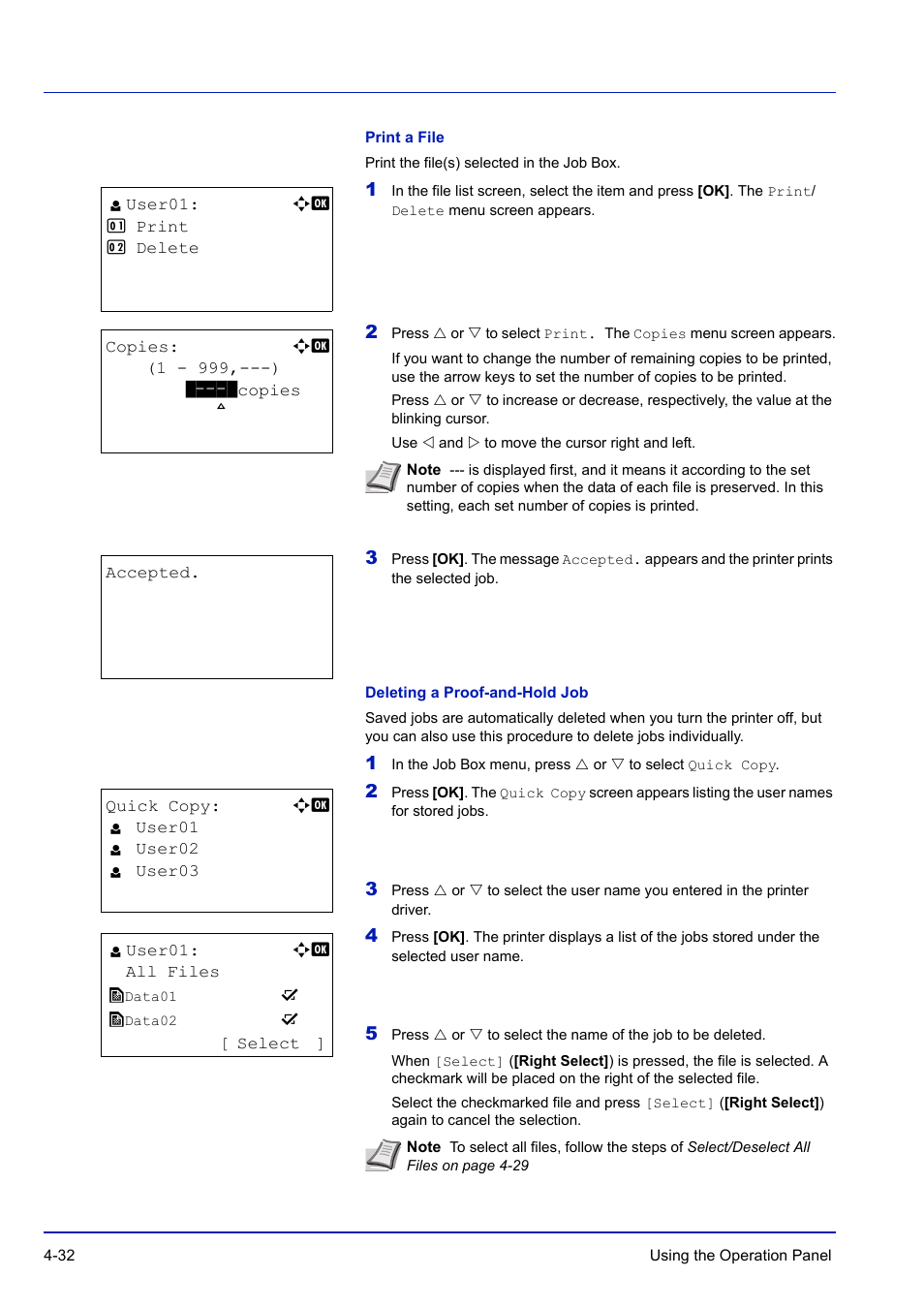 Print a file, Deleting a proof-and-hold job | TA Triumph-Adler P-C3570DN User Manual | Page 105 / 255