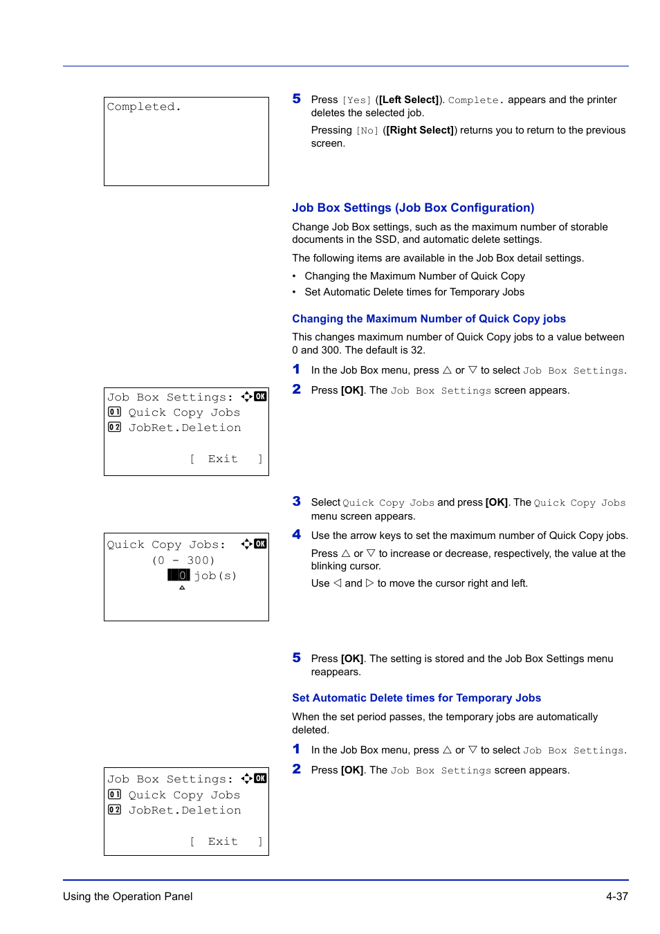 Job box settings (job box configuration), Changing the maximum number of quick copy jobs, Set automatic delete times for temporary jobs | TA Triumph-Adler P-C3570DN User Manual | Page 110 / 255