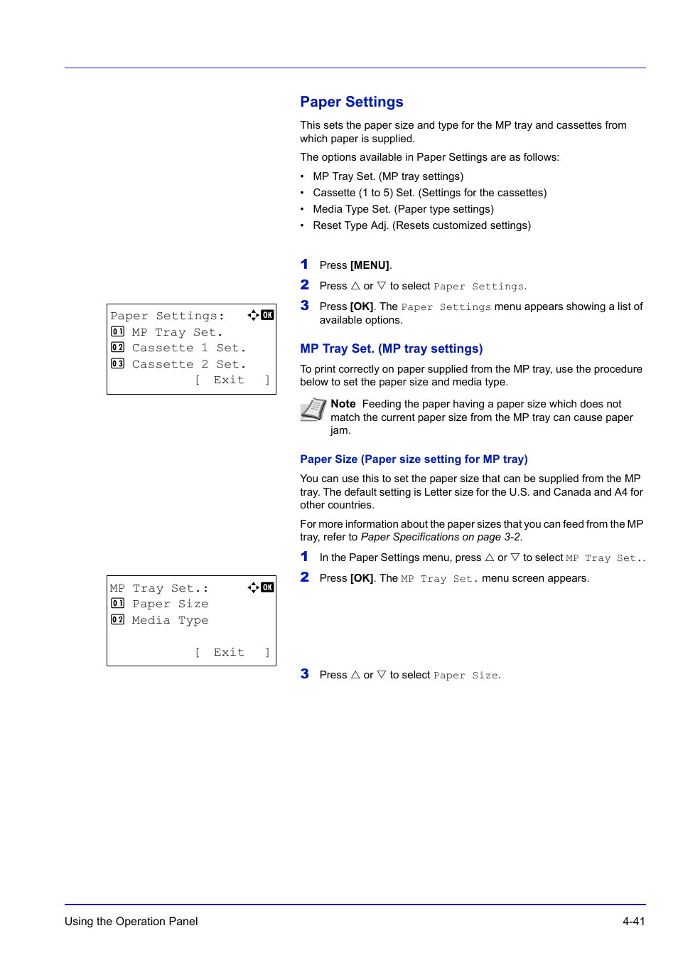 Paper settings, Mp tray set. (mp tray settings), Paper size (paper size setting for mp tray) | Paper settings -41 | TA Triumph-Adler P-C3570DN User Manual | Page 114 / 255