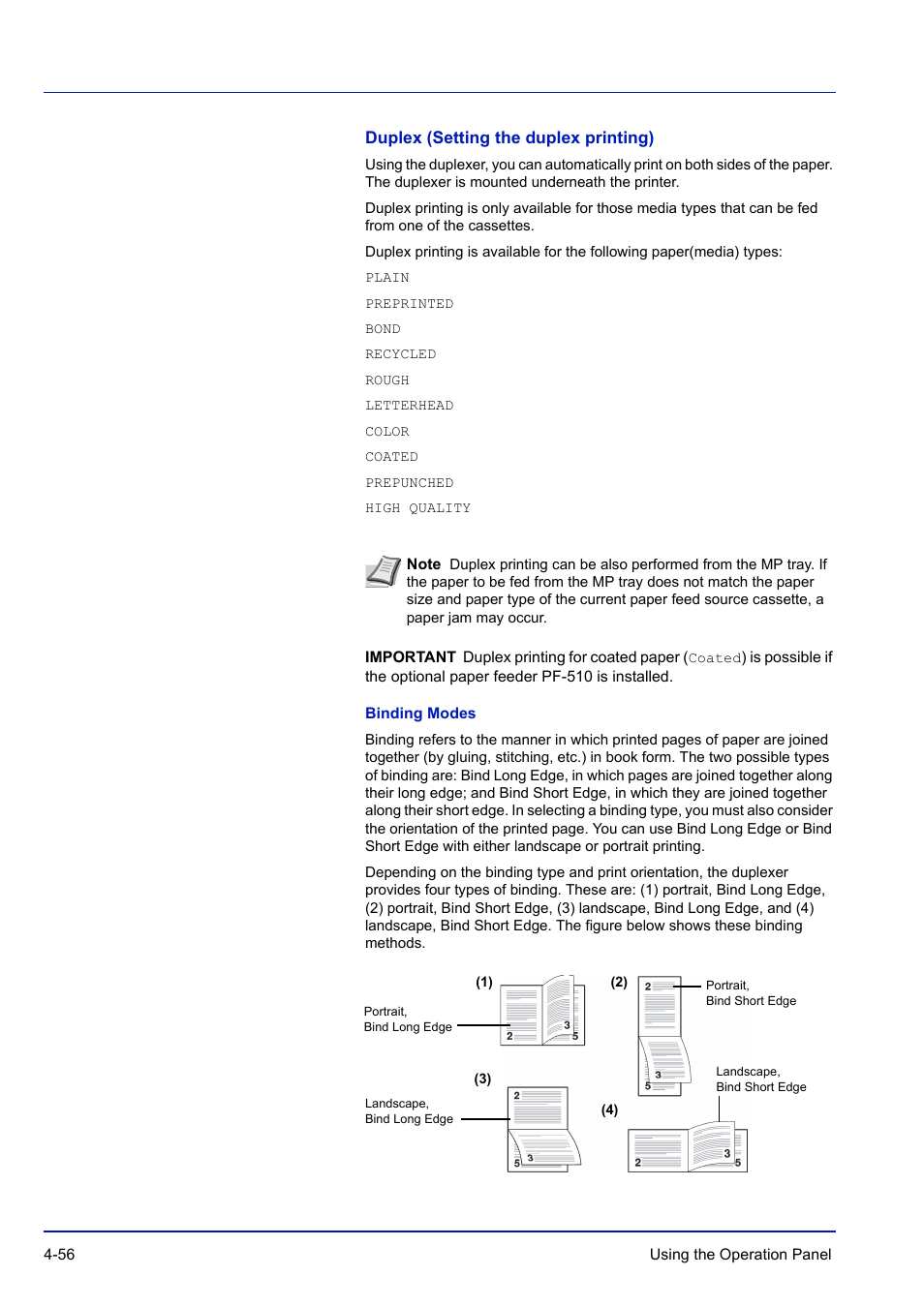 Duplex (setting the duplex printing), Binding modes | TA Triumph-Adler P-C3570DN User Manual | Page 129 / 255