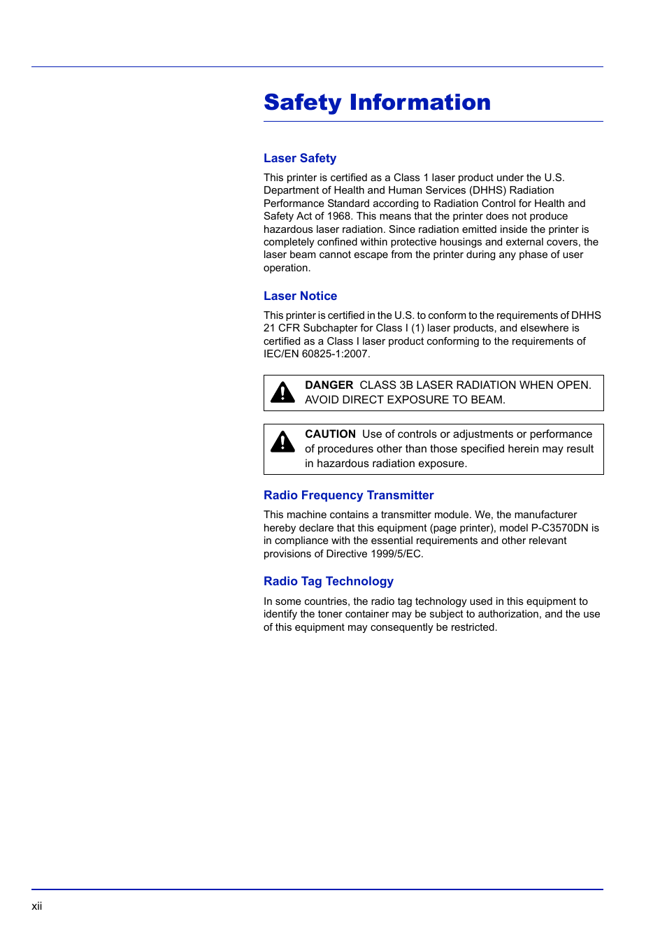 Safety information, Laser safety, Laser notice | Radio frequency transmitter, Radio tag technology | TA Triumph-Adler P-C3570DN User Manual | Page 13 / 255