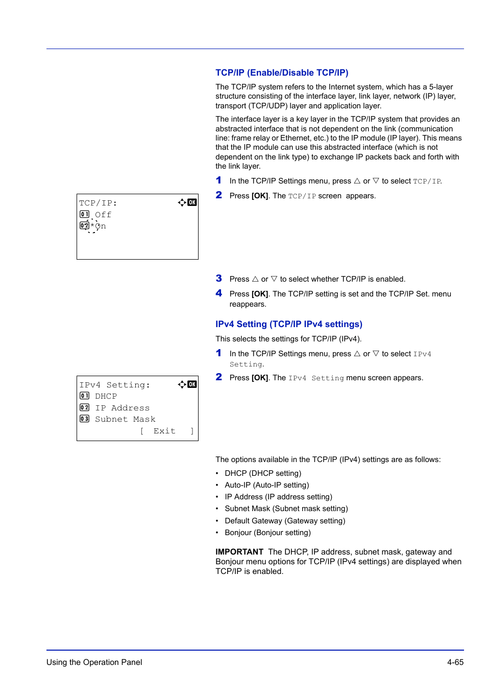 Tcp/ip (enable/disable tcp/ip), Ipv4 setting (tcp/ip ipv4 settings) | TA Triumph-Adler P-C3570DN User Manual | Page 138 / 255