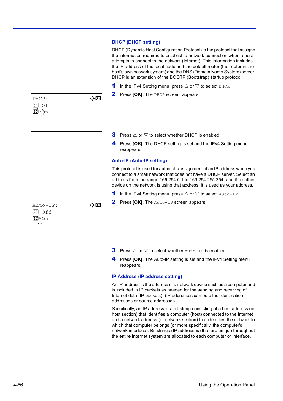 Dhcp (dhcp setting), Auto-ip (auto-ip setting), Ip address (ip address setting) | TA Triumph-Adler P-C3570DN User Manual | Page 139 / 255