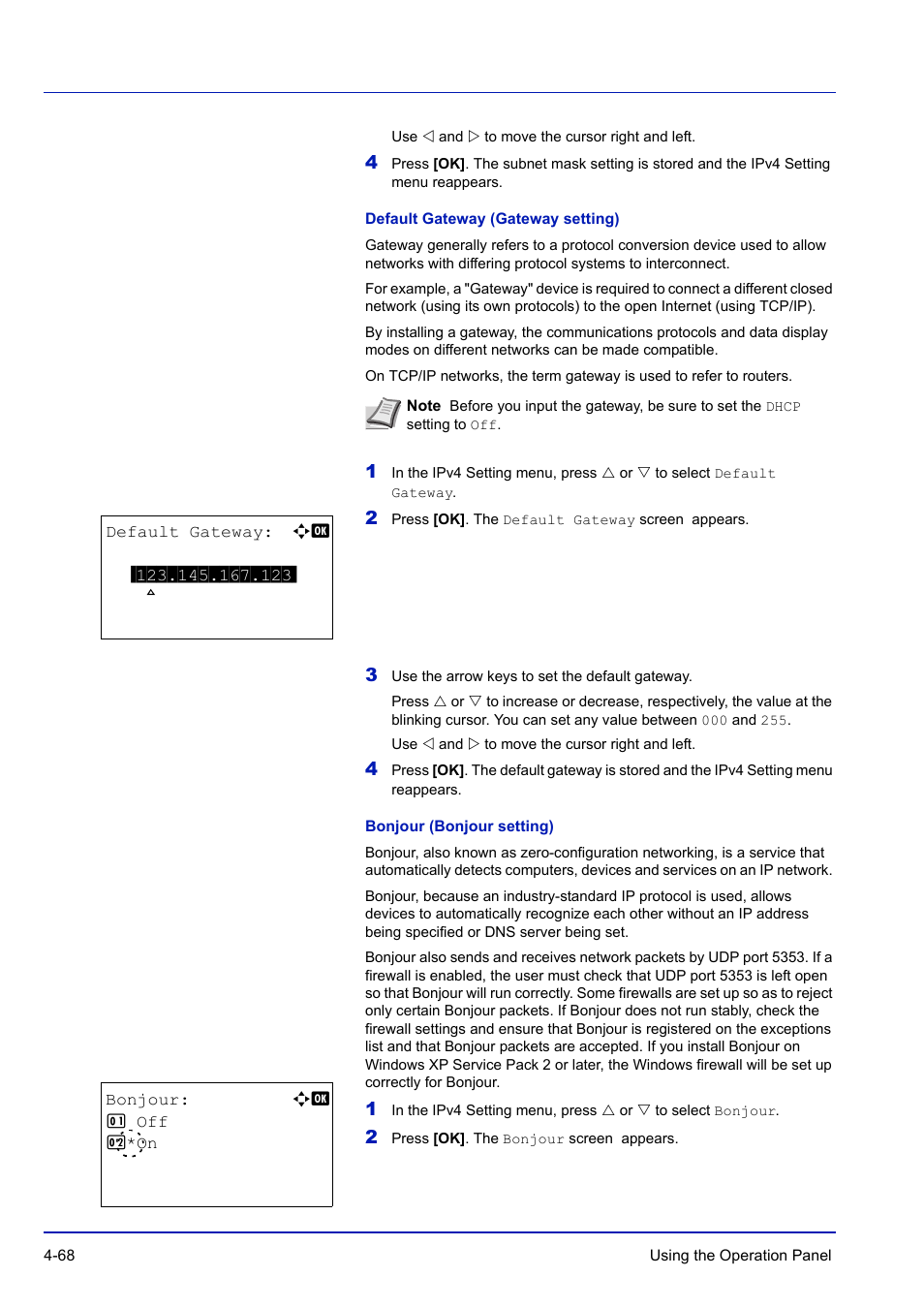 Default gateway (gateway setting), Bonjour (bonjour setting) | TA Triumph-Adler P-C3570DN User Manual | Page 141 / 255