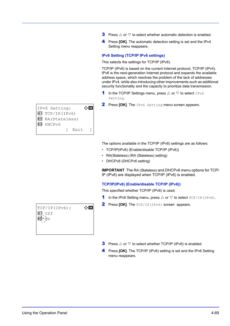 Ipv6 setting (tcp/ip ipv6 settings), Tcp/ip(ipv6) (enable/disable tcp/ip (ipv6)) | TA Triumph-Adler P-C3570DN User Manual | Page 142 / 255