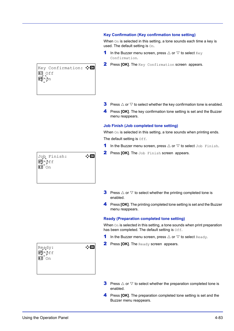 Key confirmation (key confirmation tone setting), Job finish (job completed tone setting), Ready (preparation completed tone setting) | TA Triumph-Adler P-C3570DN User Manual | Page 156 / 255