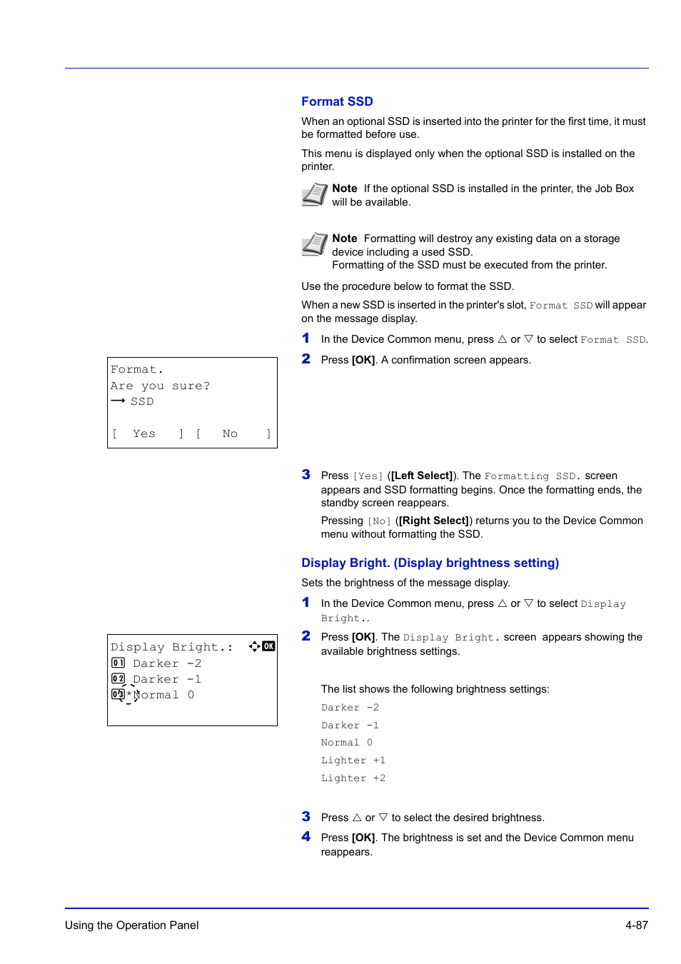 Format ssd, Display bright. (display brightness setting) | TA Triumph-Adler P-C3570DN User Manual | Page 160 / 255