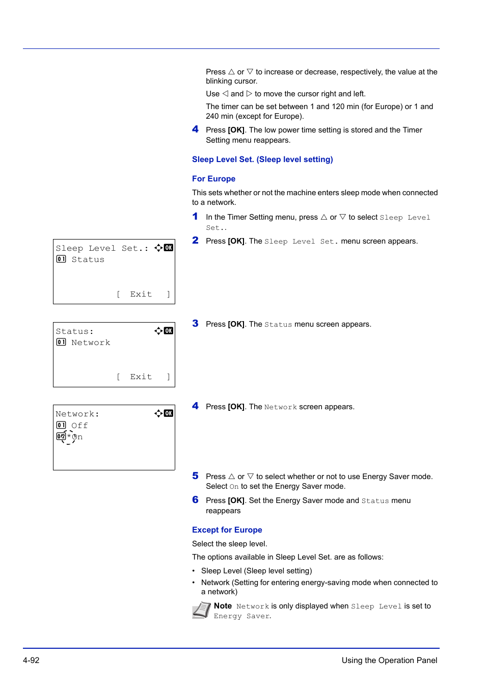 Sleep level set. (sleep level setting), For europe, Except for europe | TA Triumph-Adler P-C3570DN User Manual | Page 165 / 255