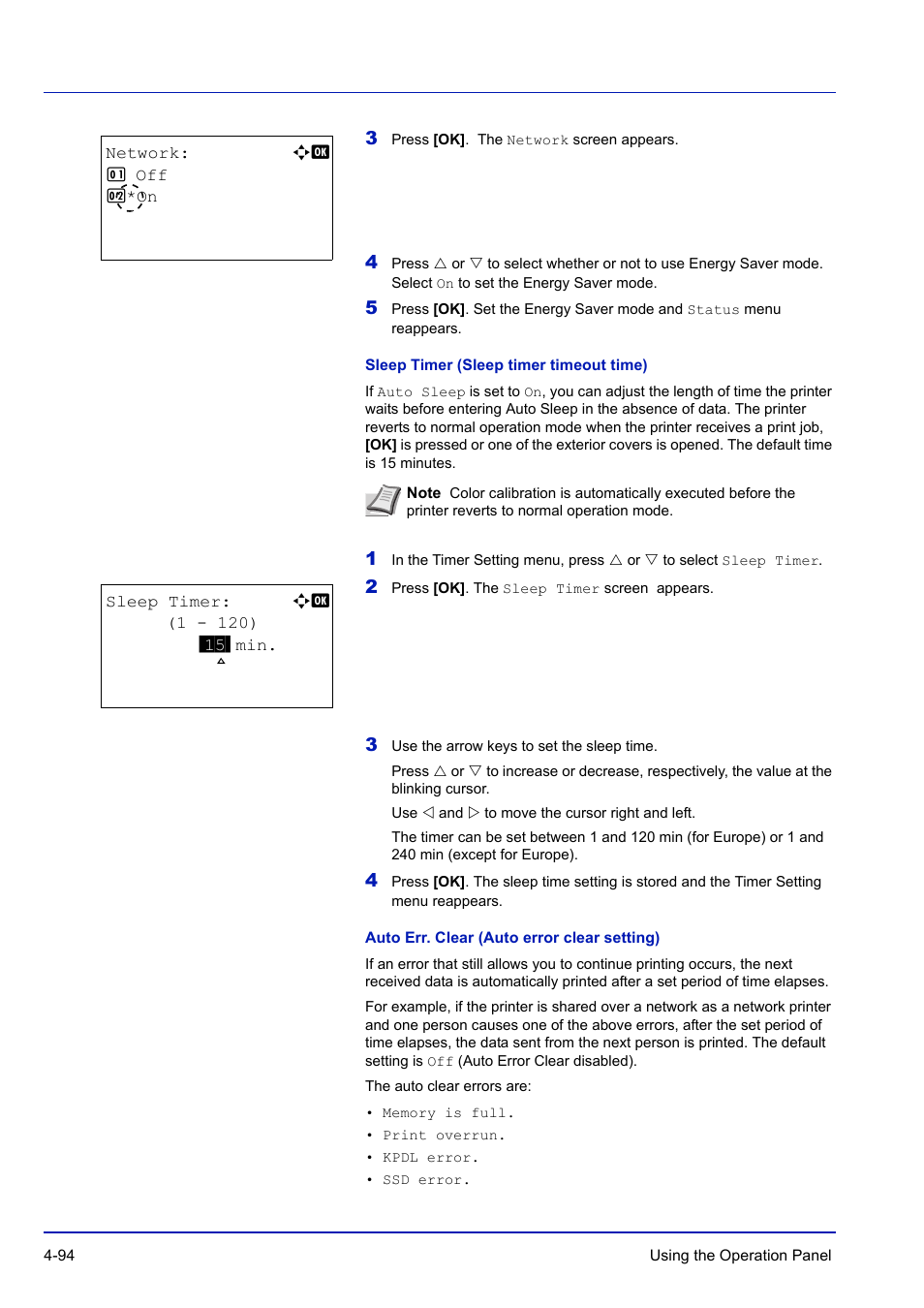 Sleep timer (sleep timer timeout time), Auto err. clear (auto error clear setting) | TA Triumph-Adler P-C3570DN User Manual | Page 167 / 255