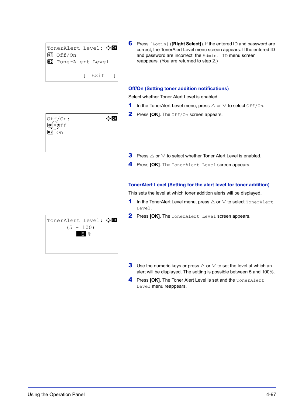 Off/on (setting toner addition notifications) | TA Triumph-Adler P-C3570DN User Manual | Page 170 / 255