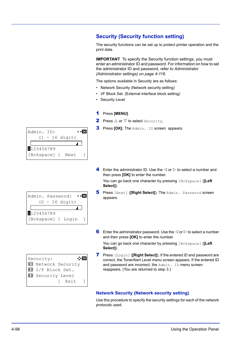 Security (security function setting), Network security (network security setting), Security (security function setting) -98 | TA Triumph-Adler P-C3570DN User Manual | Page 171 / 255