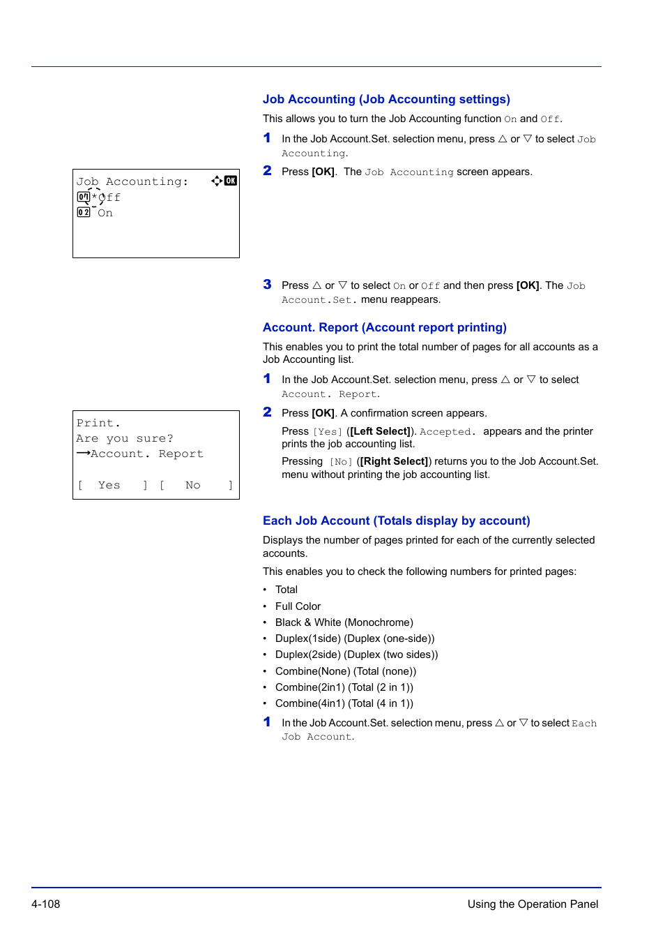 Job accounting (job accounting settings), Account. report (account report printing), Each job account (totals display by account) | TA Triumph-Adler P-C3570DN User Manual | Page 181 / 255