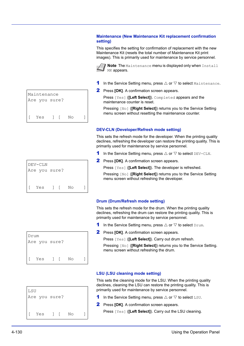 Dev-cln (developer/refresh mode setting), Drum (drum/refresh mode setting), Lsu (lsu cleaning mode setting) | TA Triumph-Adler P-C3570DN User Manual | Page 203 / 255