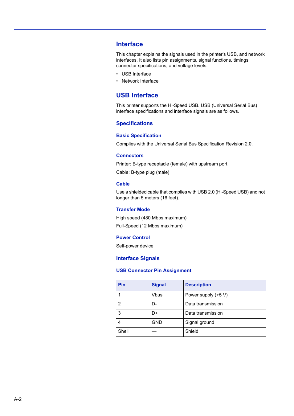 Interface, Usb interface, Specifications | Basic specification, Connectors, Cable, Transfer mode, Power control, Interface signals, Usb connector pin assignment | TA Triumph-Adler P-C3570DN User Manual | Page 235 / 255