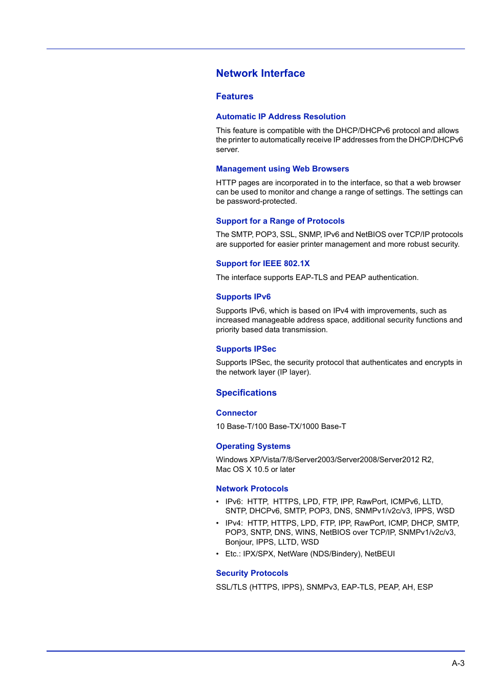 Network interface, Features, Automatic ip address resolution | Management using web browsers, Support for a range of protocols, Support for ieee 802.1x, Supports ipv6, Supports ipsec, Specifications, Connector | TA Triumph-Adler P-C3570DN User Manual | Page 236 / 255