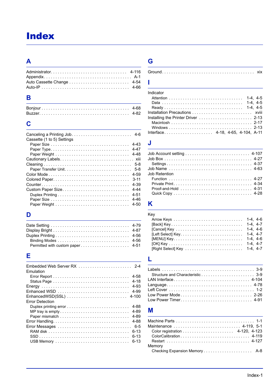 Index | TA Triumph-Adler P-C3570DN User Manual | Page 250 / 255